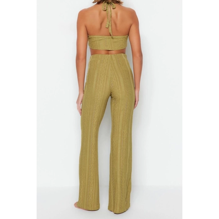 Fashion Woven Plain Halter Neck Beach Ecru Knitted Lace Blouse Trousers Set