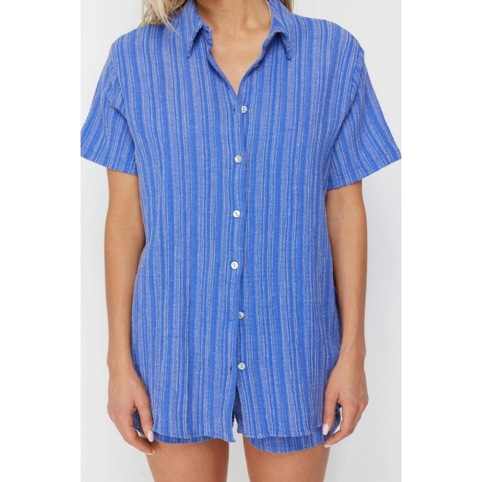 Fashion Knitted Plain Shirt Collar Beach Ecru Woven Linen Blend Shirt Shorts Set