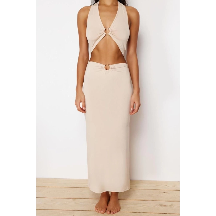Fashion Knitted Plain V Neck Beach Green Body-Fitting Knitted Accessory Blouse Skirt Set