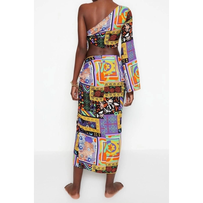 Fashion Ethnic Asymmetrical Collar Spanish Sleeve Beach Ethnic Patterned Woven Tie One Shoulder Blouse Skirt Set