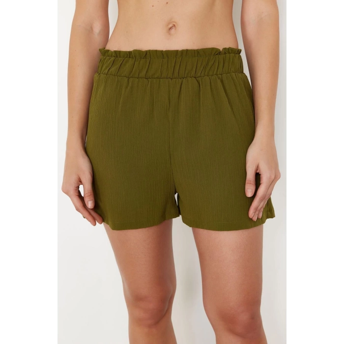 Fashion Woven Plain V Neck Beach Oil Green Woven Kimono Shorts Set