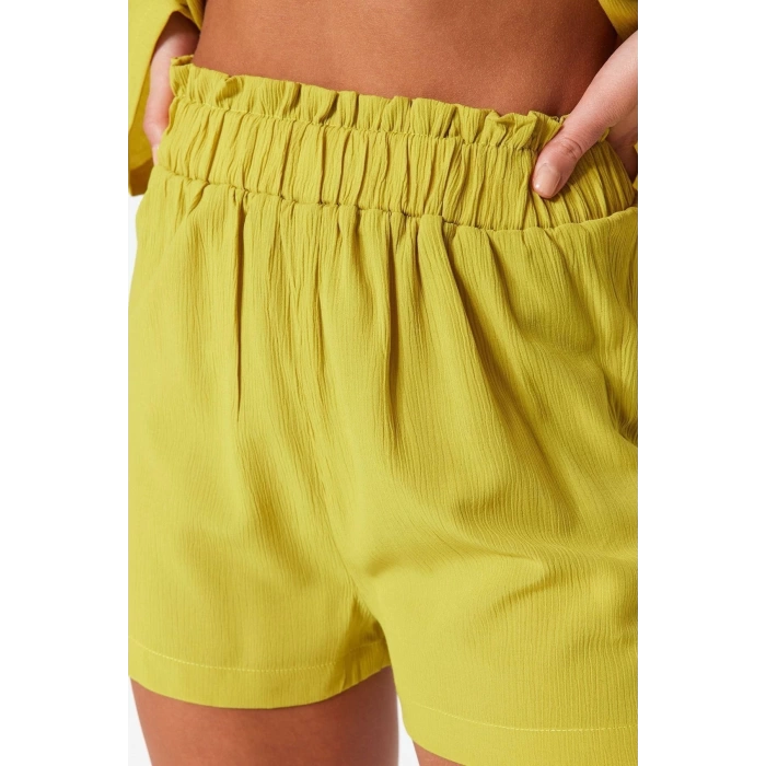 Fashion Woven Plain V Neck Beach Oil Green Woven Kimono Shorts Set