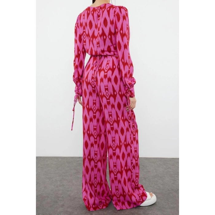 Fashion Woven Tropical V Neck Beach Ethnic Patterned Woven Blouse Trousers Set