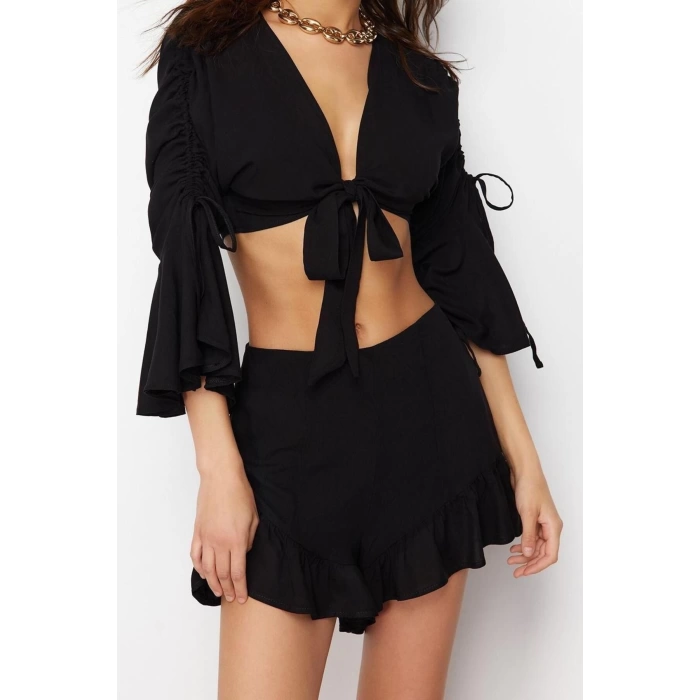 Fashion Plain V Neck Pleated Ruffle Sleeve Beach Pomegranate Flower Woven Ruffle Blouse Shorts Set