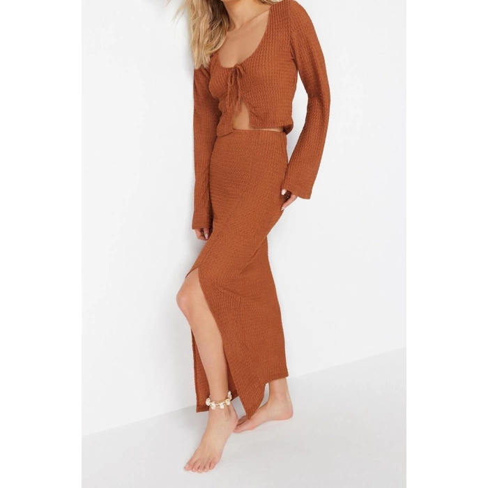 Fashion Knitted Plain Cowl Neck Beach Knitted Tied Blouse Skirt Set