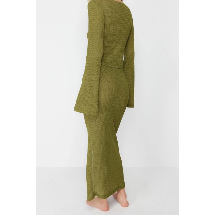 Fashion Knitted Plain Cowl Neck Beach Knitted Tied Blouse Skirt Set