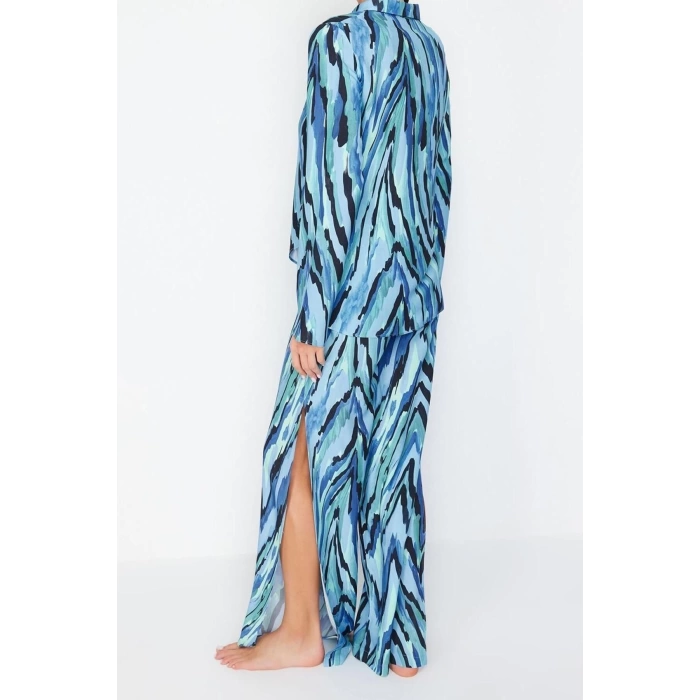 Fashion Knitted Shawl Pattern Shirt Collar Beach Abstract Patterned Woven Shirt Trousers Set