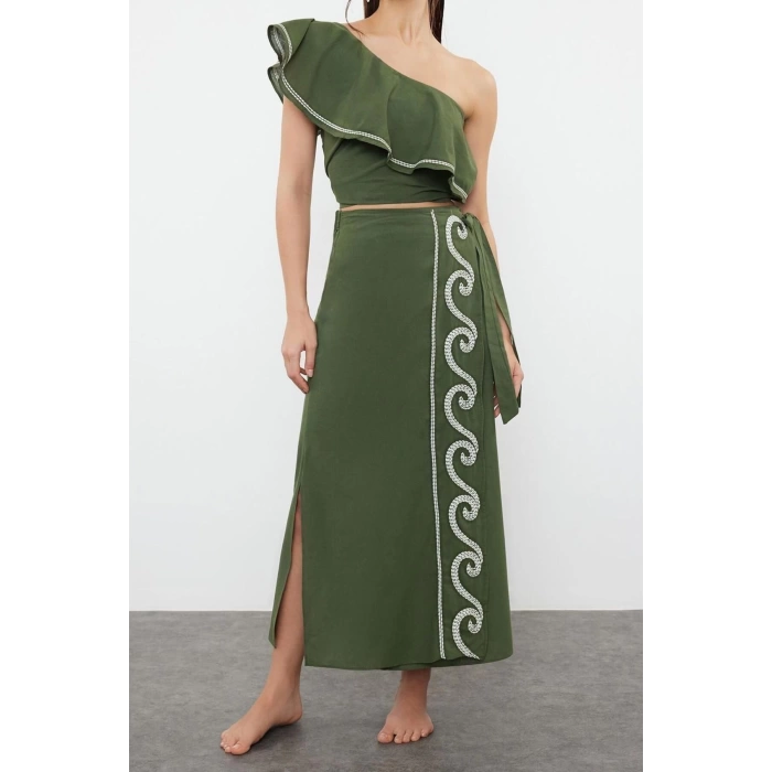 Fashion Asymmetrical Collar Single Sleeve Beach Woven Flounce One Shoulder 100% Cotton Blouse Skirt Set