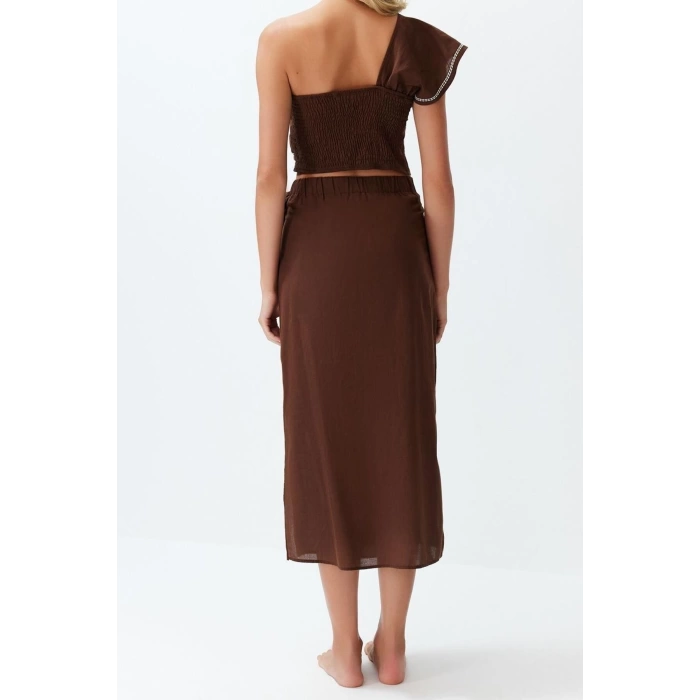 Fashion Asymmetrical Collar Single Sleeve Beach Woven Flounce One Shoulder 100% Cotton Blouse Skirt Set