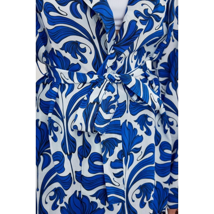Fashion Knitted Ethnic Shirt Collar Beach Tropical Patterned Belted Woven 100% Cotton Kimono Shorts Set
