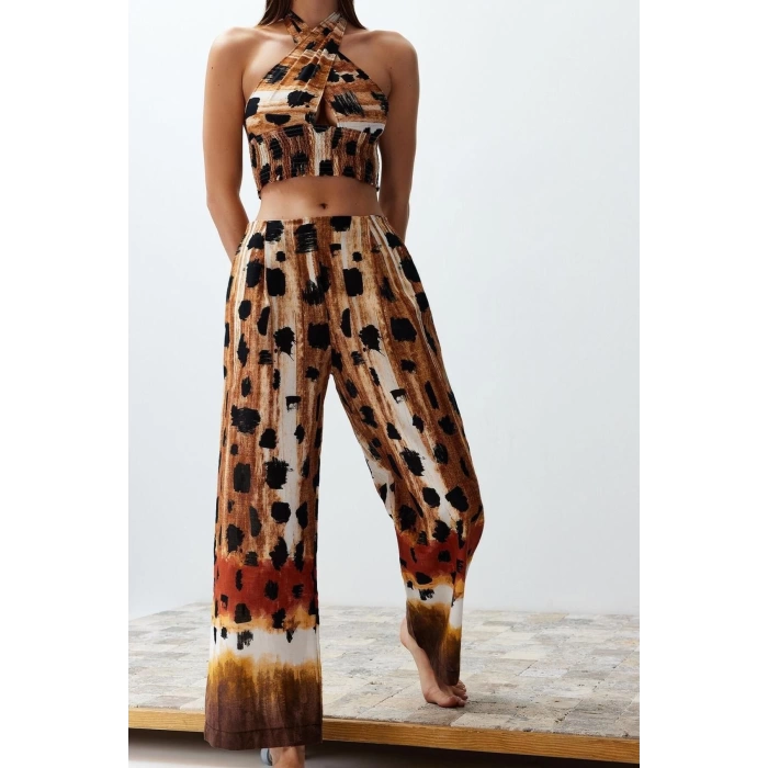 Fashion Ethnic Halter Beach Abstract Patterned Woven 100% Cotton Blouse Trouser Set