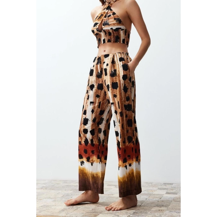 Fashion Ethnic Halter Beach Abstract Patterned Woven 100% Cotton Blouse Trouser Set