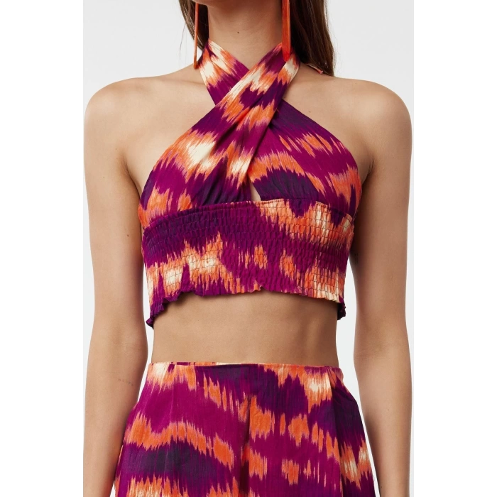 Fashion Ethnic Halter Beach Abstract Patterned Woven 100% Cotton Blouse Trouser Set