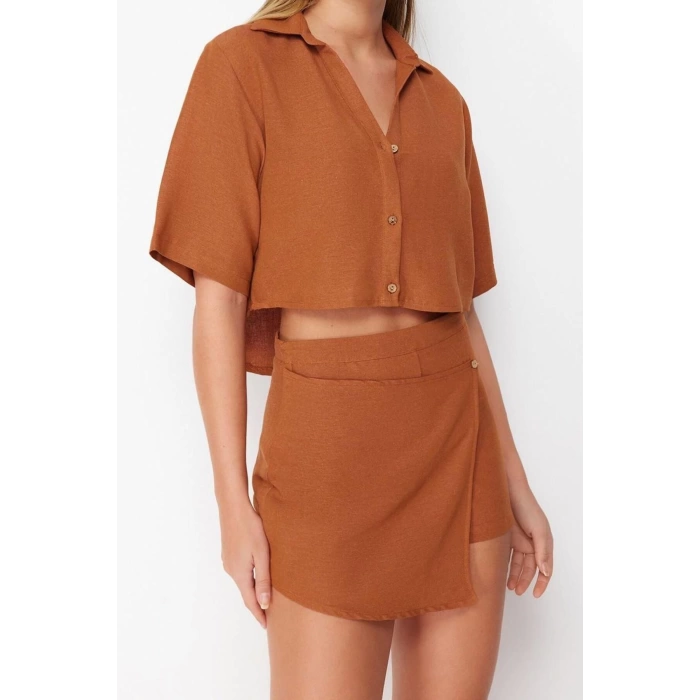 Fashion Knitted Plain Shirt Collar Beach Woven Linen Blend Shirt Shorts Set