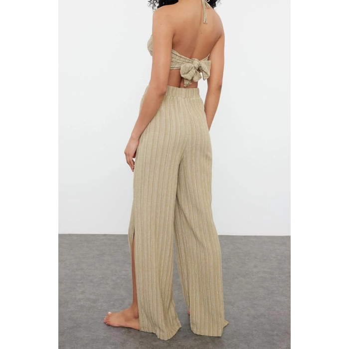Fashion Woven Plain Halter Neck Strapless Beach Ecru Woven Linen Blend Blouse Trouser Set
