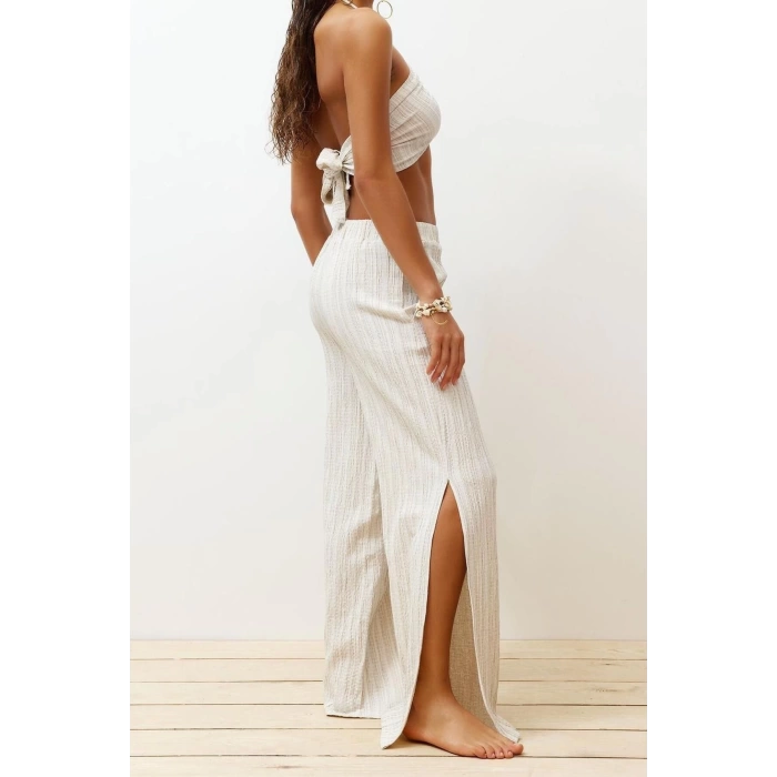 Fashion Woven Plain Halter Neck Strapless Beach Ecru Woven Linen Blend Blouse Trouser Set
