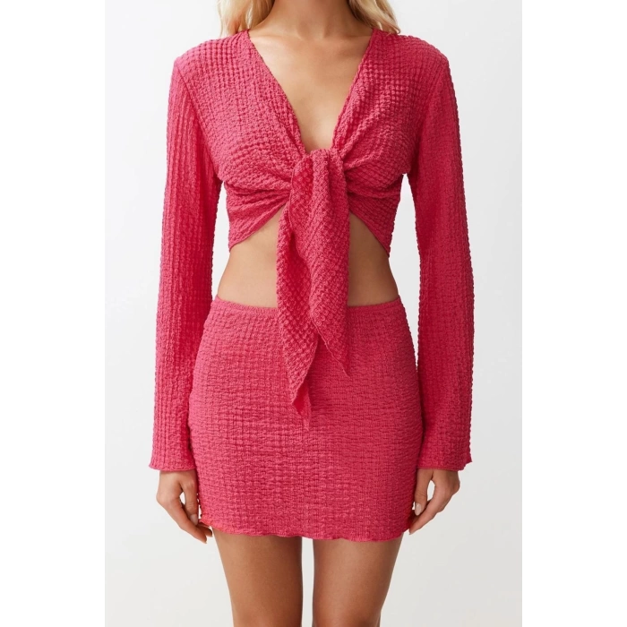 Fashion Woven Plain Shirt Collar Beach Black Woven Tied Blouse Skirt Set