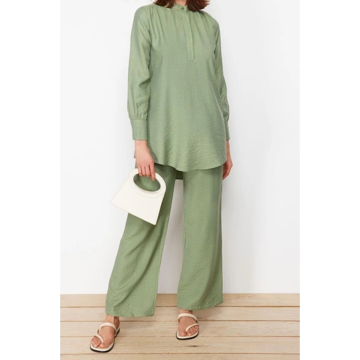 Fashion High Waist Shirt Collar Casual Half Hidden Placket Shoulder Detailed Tunic-Pants Woven Suit