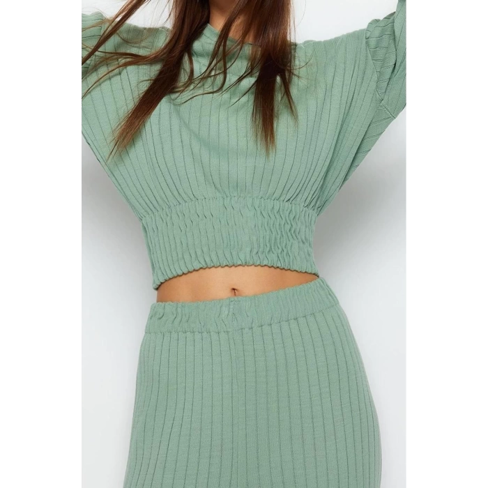 Moda Triko Düz Kapüşonlu Casual Günlük Mint Kapüşonlu Triko Alt-Üst Takım