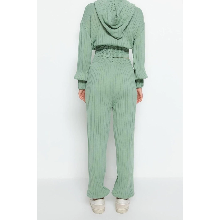Moda Triko Düz Kapüşonlu Casual Günlük Mint Kapüşonlu Triko Alt-Üst Takım