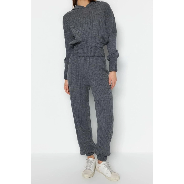Moda Triko Düz Kapüşonlu Casual Günlük Mint Kapüşonlu Triko Alt-Üst Takım