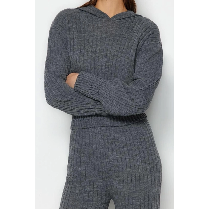 Moda Triko Düz Kapüşonlu Casual Günlük Mint Kapüşonlu Triko Alt-Üst Takım