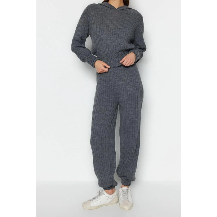 Moda Triko Düz Kapüşonlu Casual Günlük Mint Kapüşonlu Triko Alt-Üst Takım