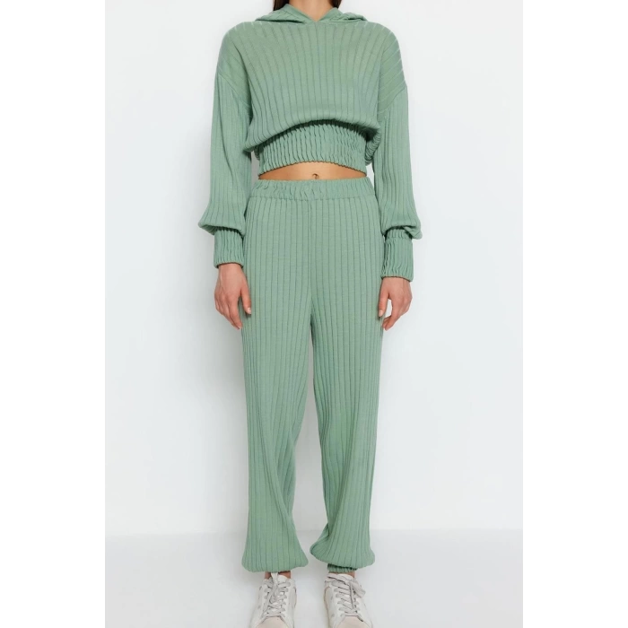 Moda Triko Düz Kapüşonlu Casual Günlük Mint Kapüşonlu Triko Alt-Üst Takım