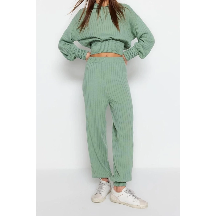 Moda Triko Düz Kapüşonlu Casual Günlük Mint Kapüşonlu Triko Alt-Üst Takım