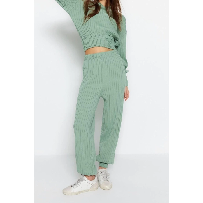 Moda Triko Düz Kapüşonlu Casual Günlük Mint Kapüşonlu Triko Alt-Üst Takım