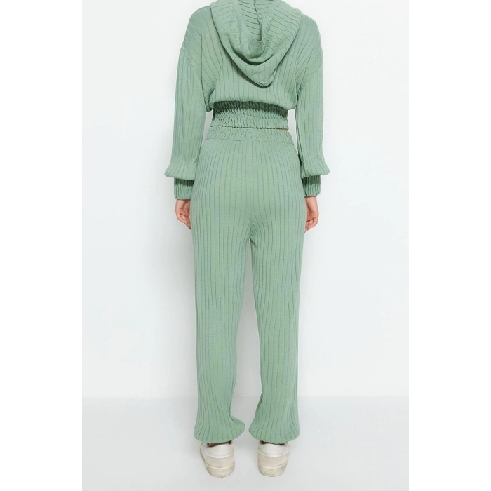 Moda Triko Düz Kapüşonlu Casual Günlük Mint Kapüşonlu Triko Alt-Üst Takım