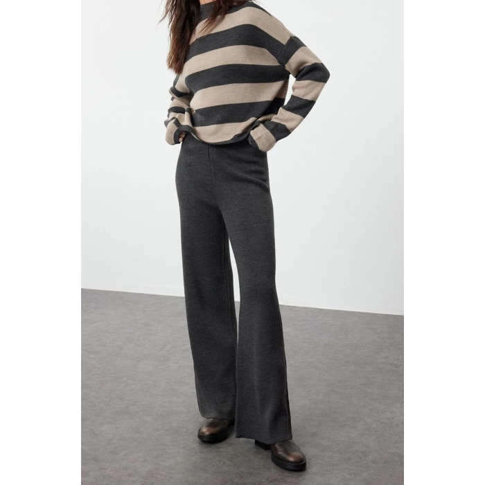 Fashion Knitwear Striped Stand Collar Casual Daily Wide Pattern Striped Knitwear Bottom-Top Set