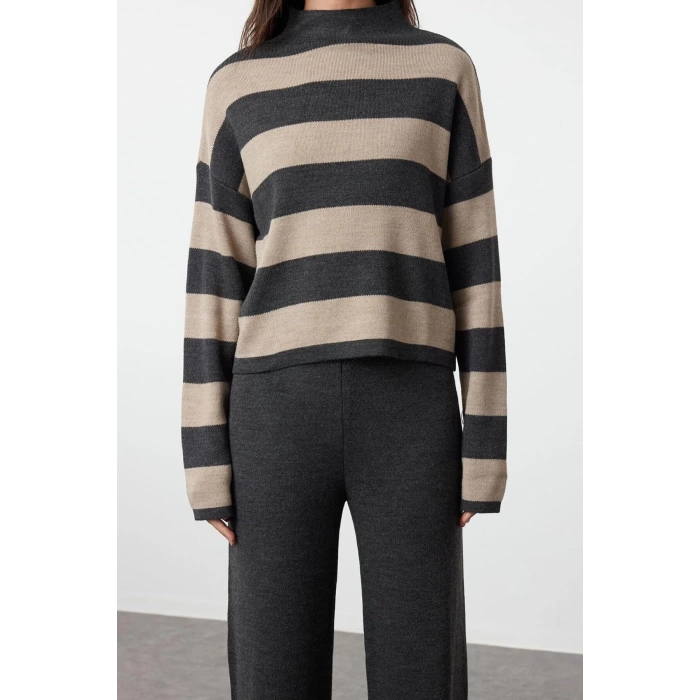 Fashion Knitwear Striped Stand Collar Casual Daily Wide Pattern Striped Knitwear Bottom-Top Set