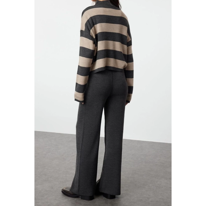 Fashion Knitwear Striped Stand Collar Casual Daily Wide Pattern Striped Knitwear Bottom-Top Set