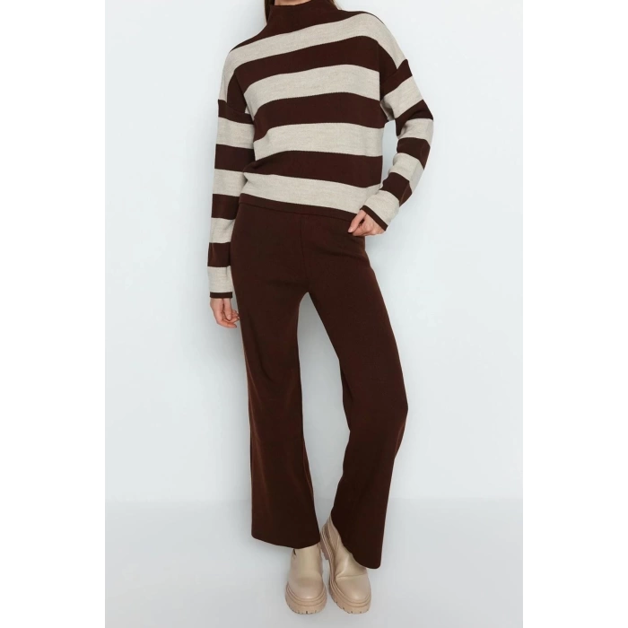 Fashion Knitwear Striped Stand Collar Casual Daily Wide Pattern Striped Knitwear Bottom-Top Set