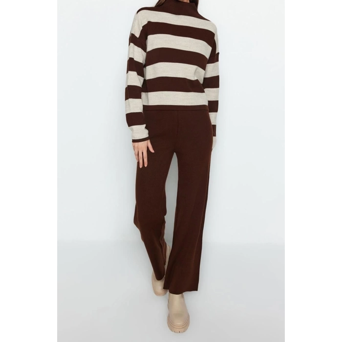 Fashion Knitwear Striped Stand Collar Casual Daily Wide Pattern Striped Knitwear Bottom-Top Set