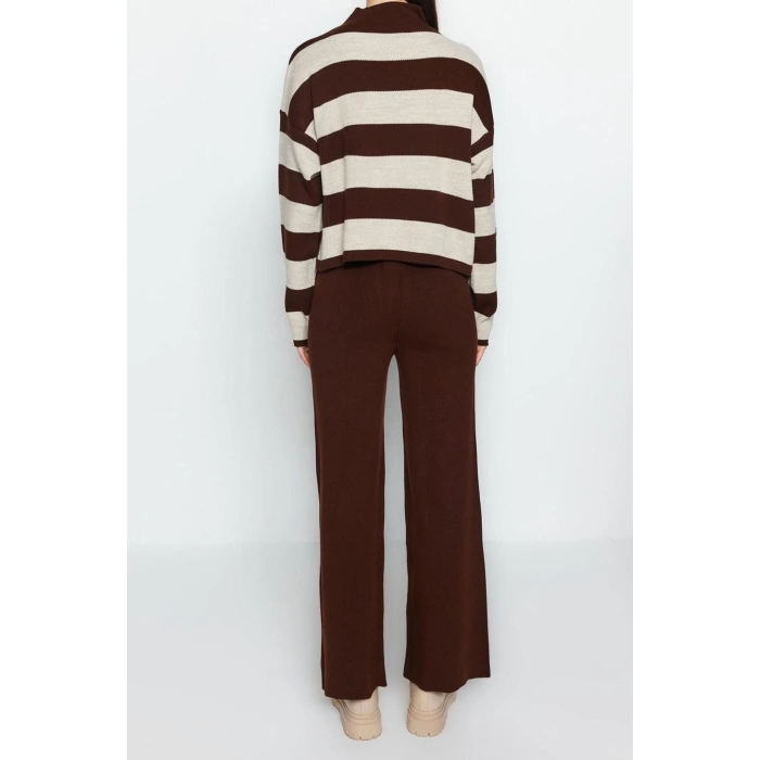 Fashion Knitwear Striped Stand Collar Casual Daily Wide Pattern Striped Knitwear Bottom-Top Set