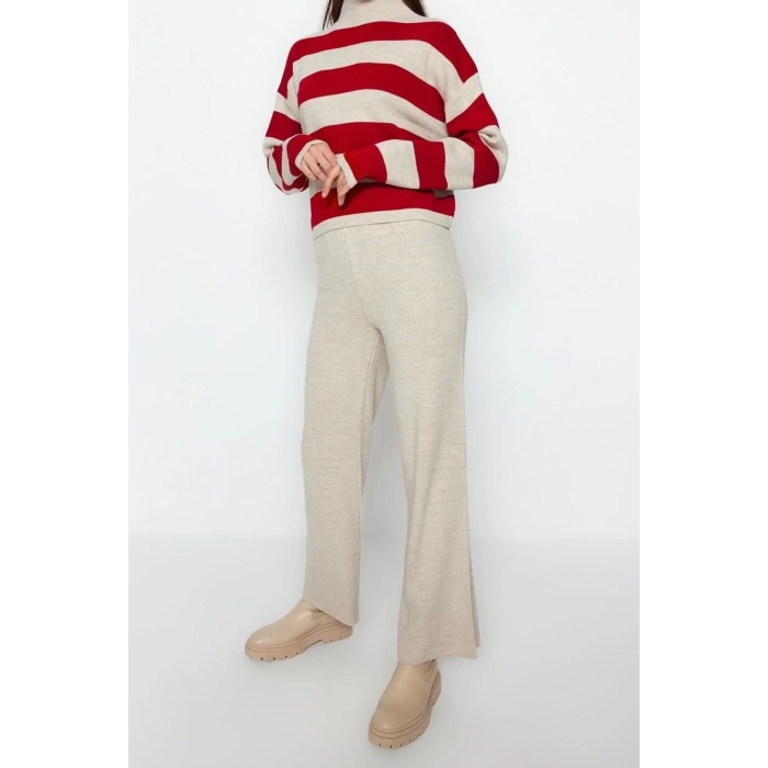 Fashion Knitwear Striped Stand Collar Casual Daily Wide Pattern Striped Knitwear Bottom-Top Set