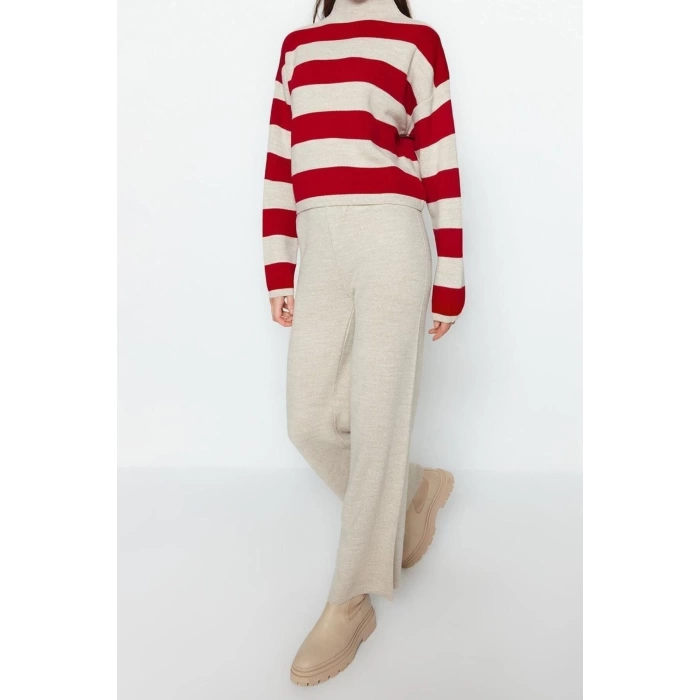 Fashion Knitwear Striped Stand Collar Casual Daily Wide Pattern Striped Knitwear Bottom-Top Set