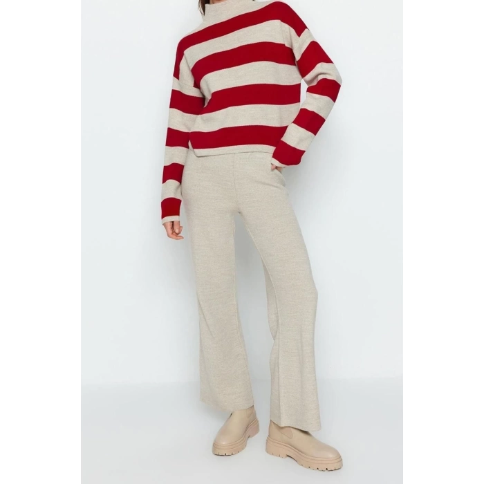 Fashion Knitwear Striped Stand Collar Casual Daily Wide Pattern Striped Knitwear Bottom-Top Set