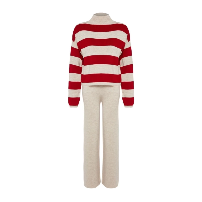 Fashion Knitwear Striped Stand Collar Casual Daily Wide Pattern Striped Knitwear Bottom-Top Set