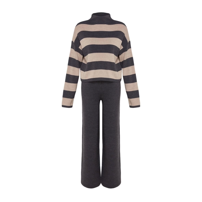 Fashion Knitwear Striped Stand Collar Casual Daily Wide Pattern Striped Knitwear Bottom-Top Set