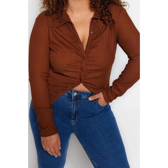 Fashion Plus Size Polo Collar Knitted Fit Plain Pattern Casual Daily Crop Long Sleeve Blouse