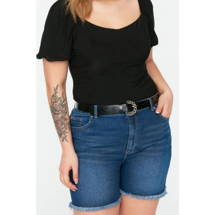 Fashion Plus Size Square Collar Knitted Slim Plain Pattern Casual Daily Crop Short Sleeve Blouse