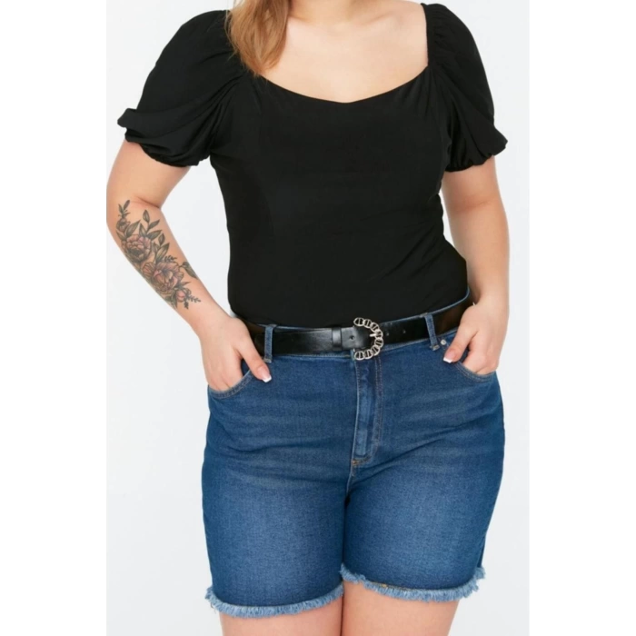 Fashion Plus Size Square Collar Knitted Slim Plain Pattern Casual Daily Crop Short Sleeve Blouse