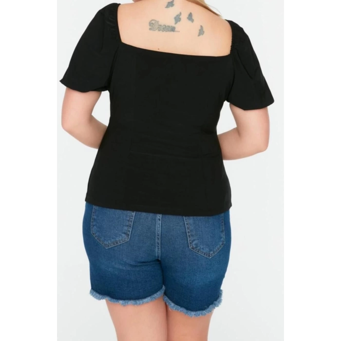 Fashion Plus Size Square Collar Knitted Slim Plain Pattern Casual Daily Crop Short Sleeve Blouse