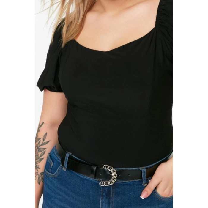 Fashion Plus Size Square Collar Knitted Slim Plain Pattern Casual Daily Crop Short Sleeve Blouse