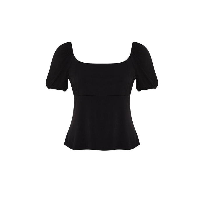 Fashion Plus Size Square Collar Knitted Slim Plain Pattern Casual Daily Crop Short Sleeve Blouse