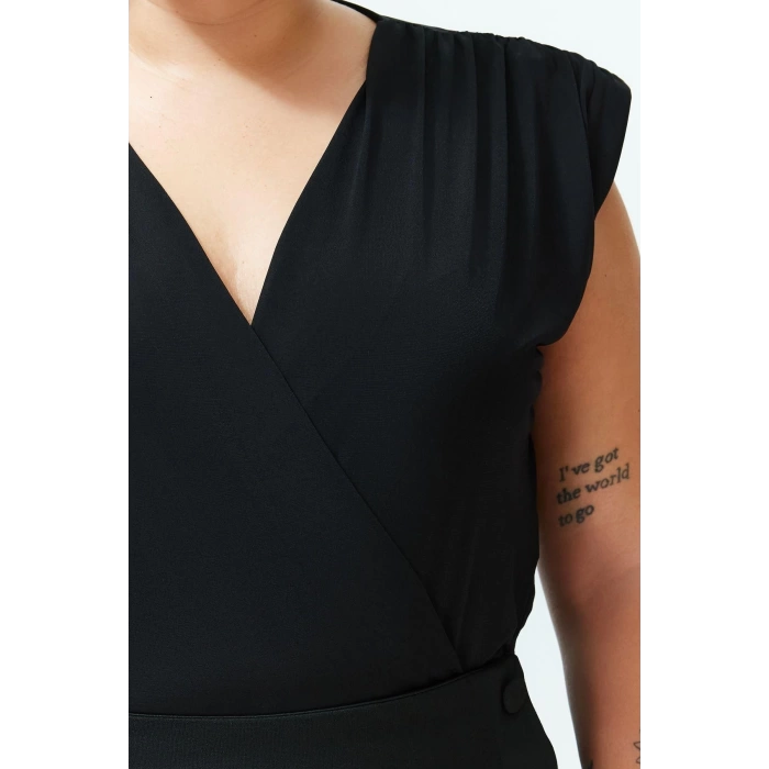 Moda Büyük Beden Kruvaze Örme Fit Düz Desen Casual Günlük Regular Kolsuz Bluz