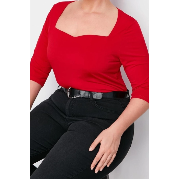 Fashion Plus Size Heart Neck Knitted Fit Plain Pattern Casual Daily Regular Long Sleeve Blouse